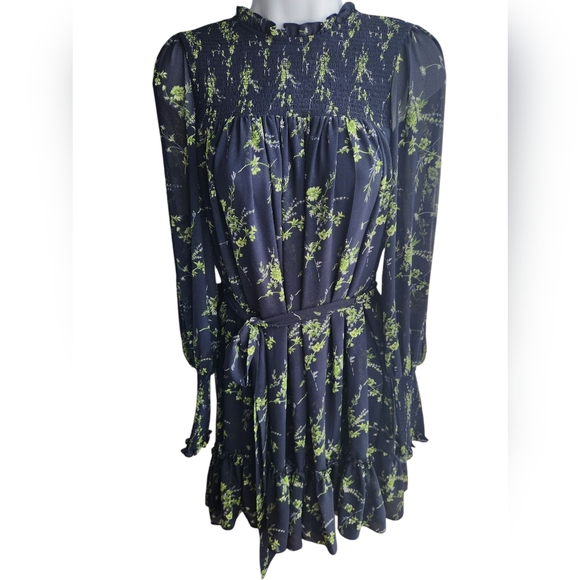 Cinq à Sept Navy Raven Ruffle Tie Waist Long Sleeve Minidress Size 6